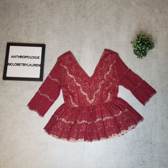 Anthropologie Maeve Red Needlelace Peplum Shirt - Picture 2 of 9